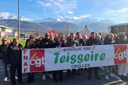 image article Teisseire. Sophie Binet et Fabien Gay avec les salariés : oui à la lutte, non à « une opération pièces jaunes avec Carlsberg »